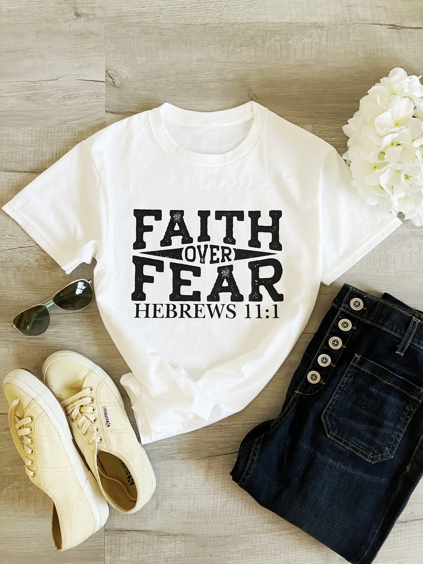 Faith Over Fear - Hebrews 11:1 Women's T-Shirt (Black Text)