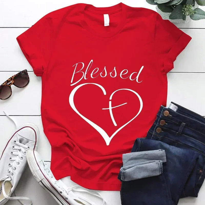 Blessed Cross and Heart Christian T Shirt Grey TShirt Top Harajuku Fashion Streetwear for Women Unisex Clothes Graphic Tee Shirt