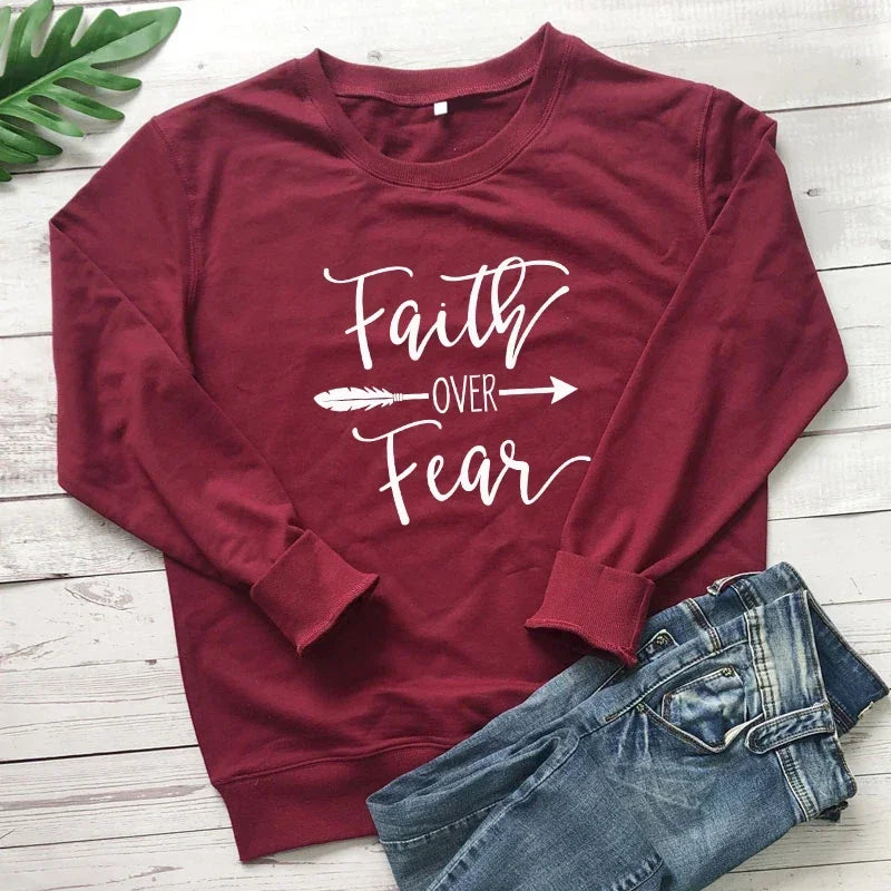 Women's Faith Over Fear Arrow Print Christian Sweatshirt Spring Autumn Religious Church Pullovers Casual Inspirational Hoodies