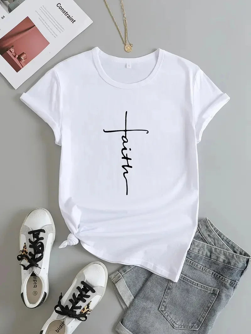 Faith Cross T-shirt Religion Design Print Women Aesthetic Clothes Devout Believer Tops Basic White Short Sleeve Summer Tee Shirt