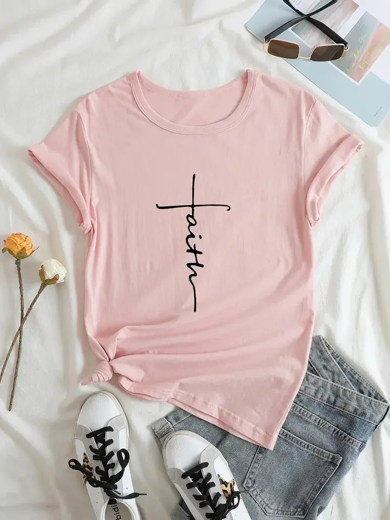 Faith Cross T-shirt Religion Design Print Women Aesthetic Clothes Devout Believer Tops Basic White Short Sleeve Summer Tee Shirt