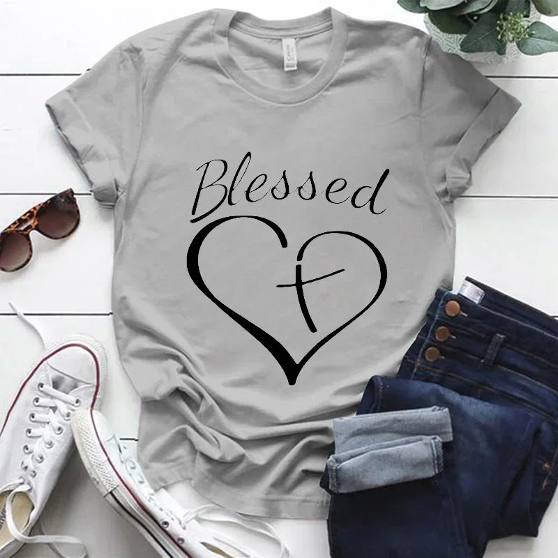 Blessed Cross and Heart Christian T Shirt Grey TShirt Top Harajuku Fashion Streetwear for Women Unisex Clothes Graphic Tee Shirt