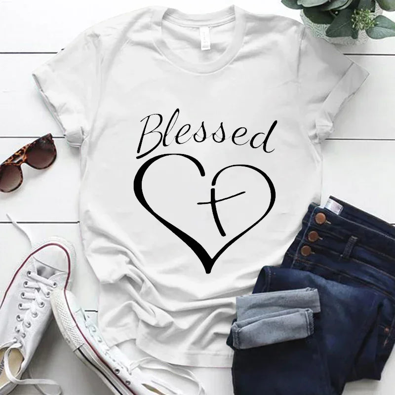 Blessed Cross and Heart Christian T Shirt Grey TShirt Top Harajuku Fashion Streetwear for Women Unisex Clothes Graphic Tee Shirt