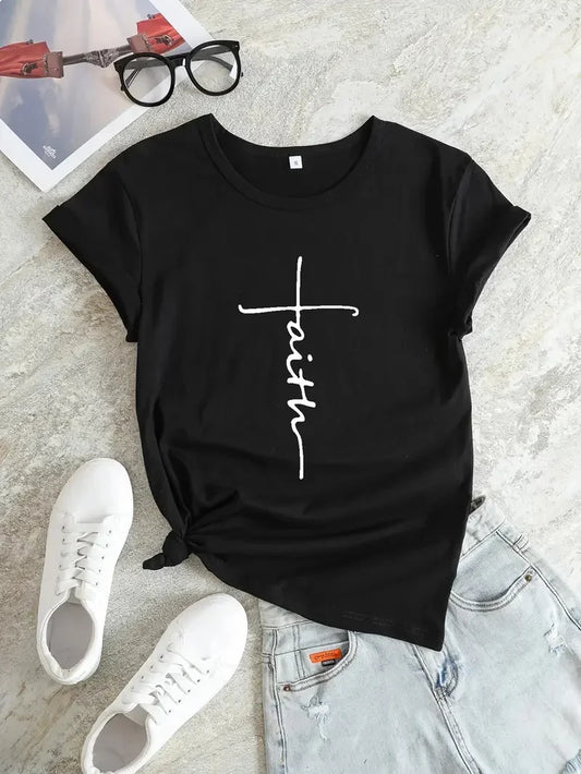 Faith Cross T-shirt Religion Design Print Women Aesthetic Clothes Devout Believer Tops Basic White Short Sleeve Summer Tee Shirt