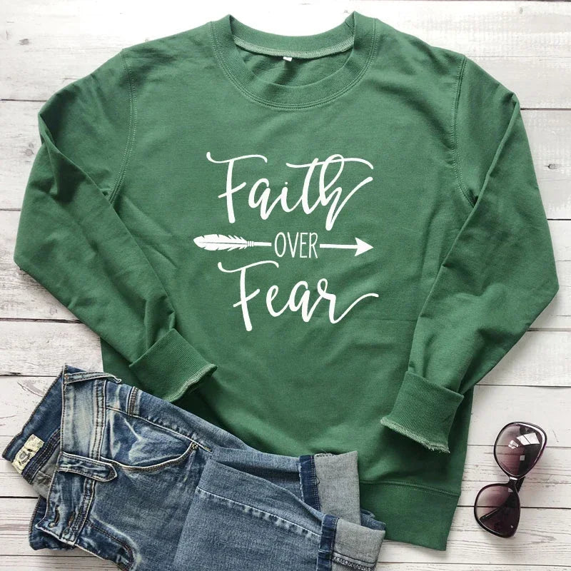 Women's Faith Over Fear Arrow Print Christian Sweatshirt Spring Autumn Religious Church Pullovers Casual Inspirational Hoodies