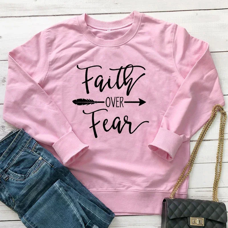 Women's Faith Over Fear Arrow Print Christian Sweatshirt Spring Autumn Religious Church Pullovers Casual Inspirational Hoodies