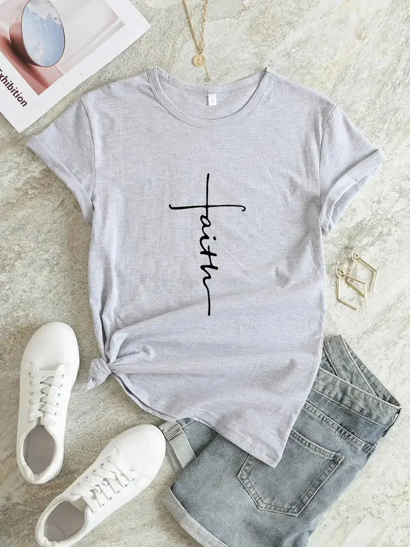 Faith Cross T-shirt Religion Design Print Women Aesthetic Clothes Devout Believer Tops Basic White Short Sleeve Summer Tee Shirt