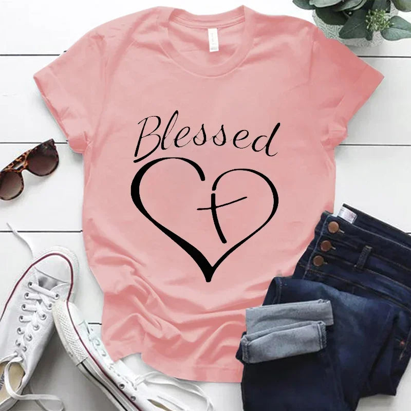 Blessed Cross and Heart Christian T Shirt Grey TShirt Top Harajuku Fashion Streetwear for Women Unisex Clothes Graphic Tee Shirt