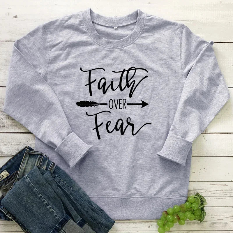 Women's Faith Over Fear Arrow Print Christian Sweatshirt Spring Autumn Religious Church Pullovers Casual Inspirational Hoodies