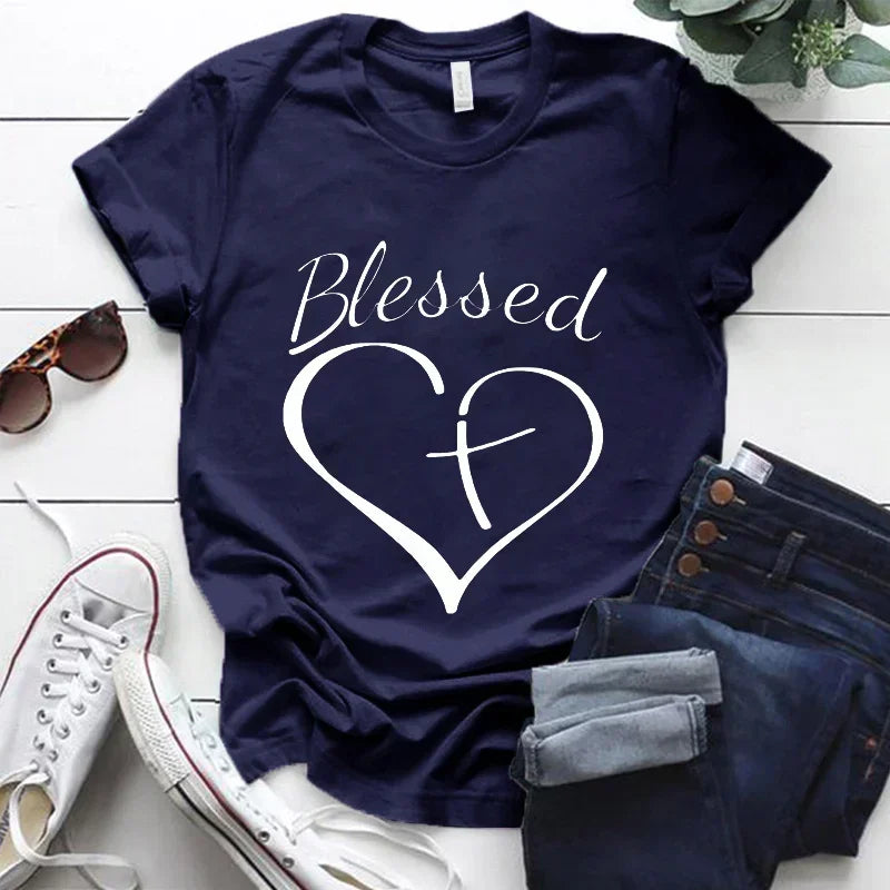 Blessed Cross and Heart Christian T Shirt Grey TShirt Top Harajuku Fashion Streetwear for Women Unisex Clothes Graphic Tee Shirt