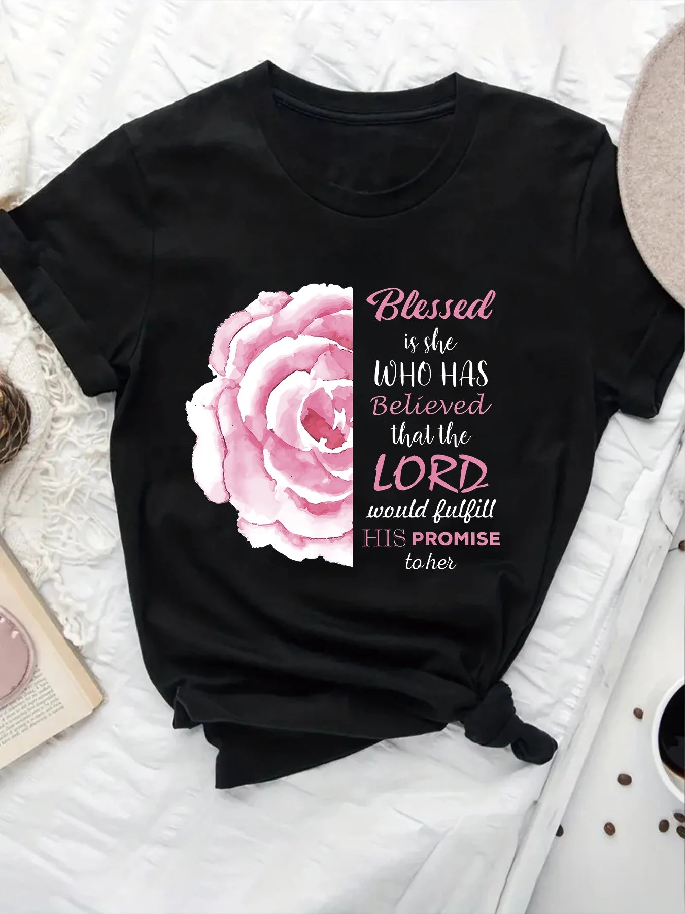 2024 New Christian Shirts For Women Blessed Is She Bible Verses Pattern T-shirt Summer Round Neck Casual Comfortable Women's Top