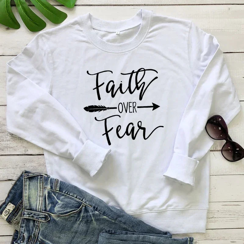 Women's Faith Over Fear Arrow Print Christian Sweatshirt Spring Autumn Religious Church Pullovers Casual Inspirational Hoodies