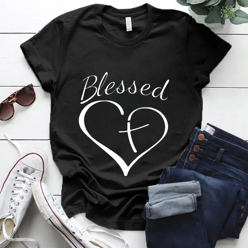 Blessed Cross and Heart Christian T Shirt Grey TShirt Top Harajuku Fashion Streetwear for Women Unisex Clothes Graphic Tee Shirt